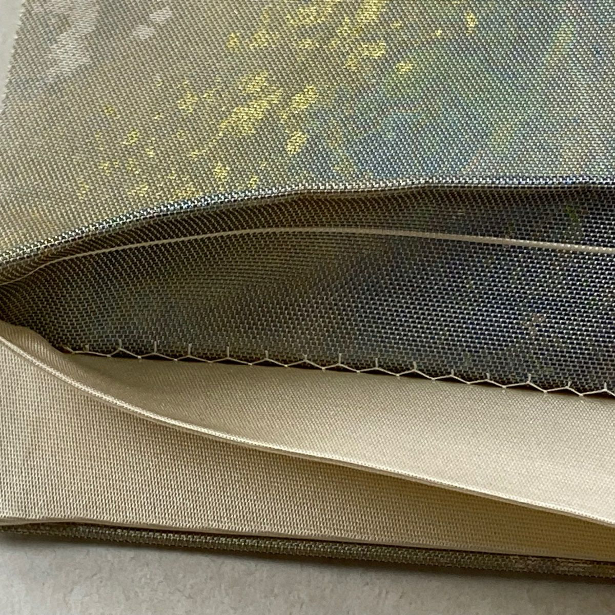 【美品】 袋帶 逸品級 證書齊全 幾何圖案 金金箔 青灰 深藍色 六通 純蠶絲