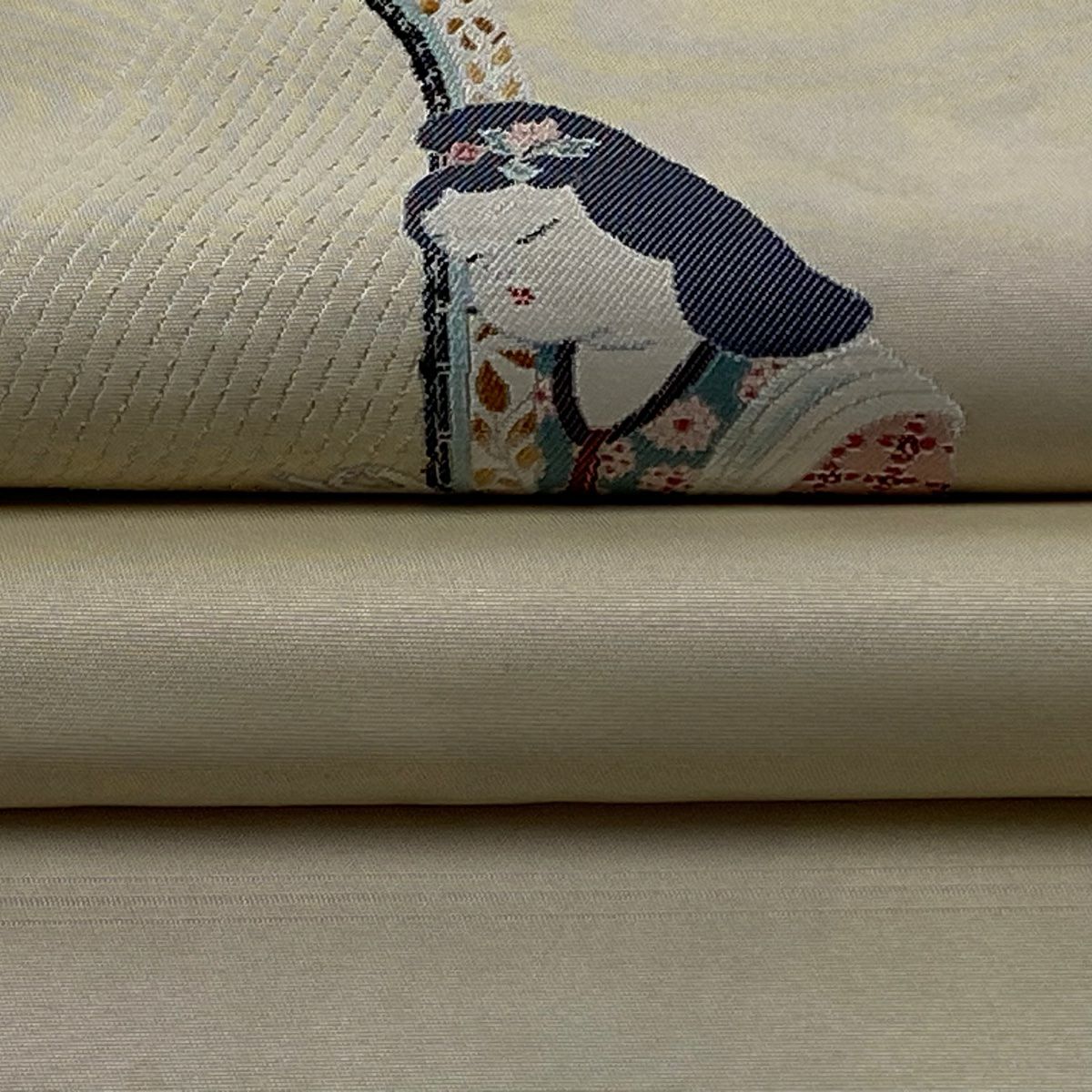 袋帶 逸品級 由水十久監修 落款あり 人物 箜篌 米色 お太鼓柄 純蠶絲