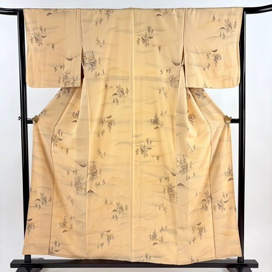 【美品】 小紋 身長156cm 袖長65cm M 雙層 片輪車 樹木 米色 純蠶絲 秀品級