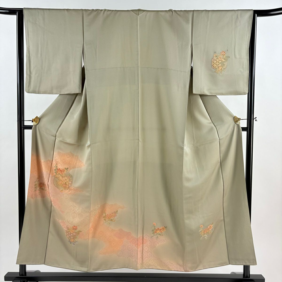 付下 身長152.5cm 袖長64cm M 雙層 花唐草紋 龜甲 刺繡 金彩裝飾 灰綠 純蠶絲 秀品級