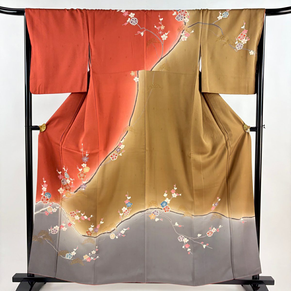 訪問服 身長159cm 袖長67cm M 雙層 枝梅花 笠松樹 金銀彩 漸層 紅 純蠶絲 優品級