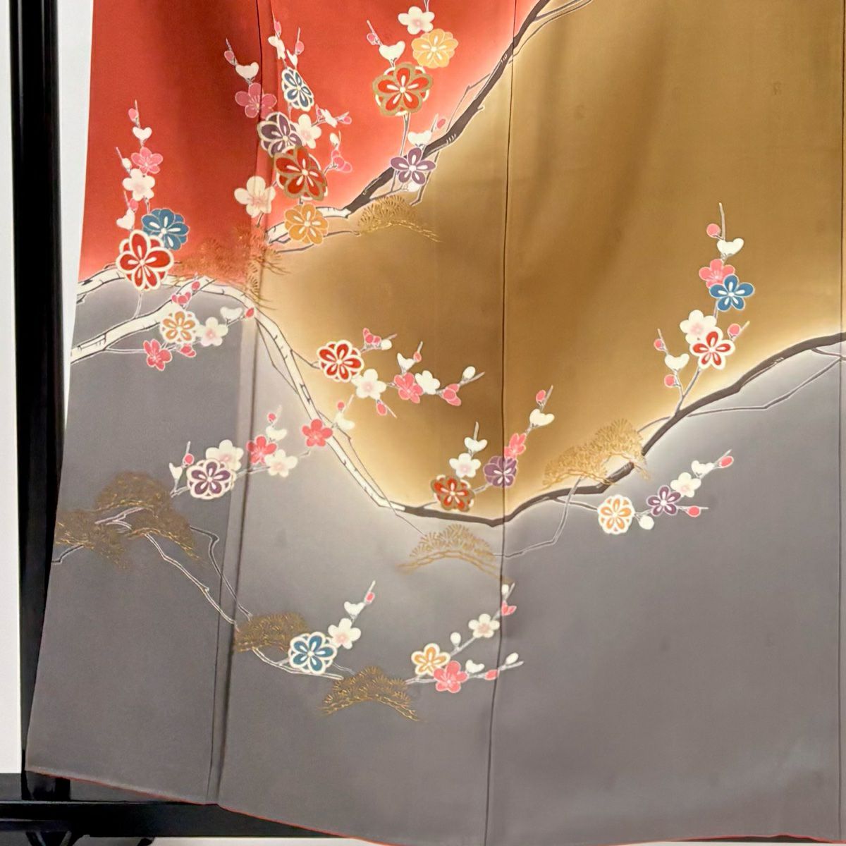 訪問服 身長159cm 袖長67cm M 雙層 枝梅花 笠松樹 金銀彩 漸層 紅 純蠶絲 優品級