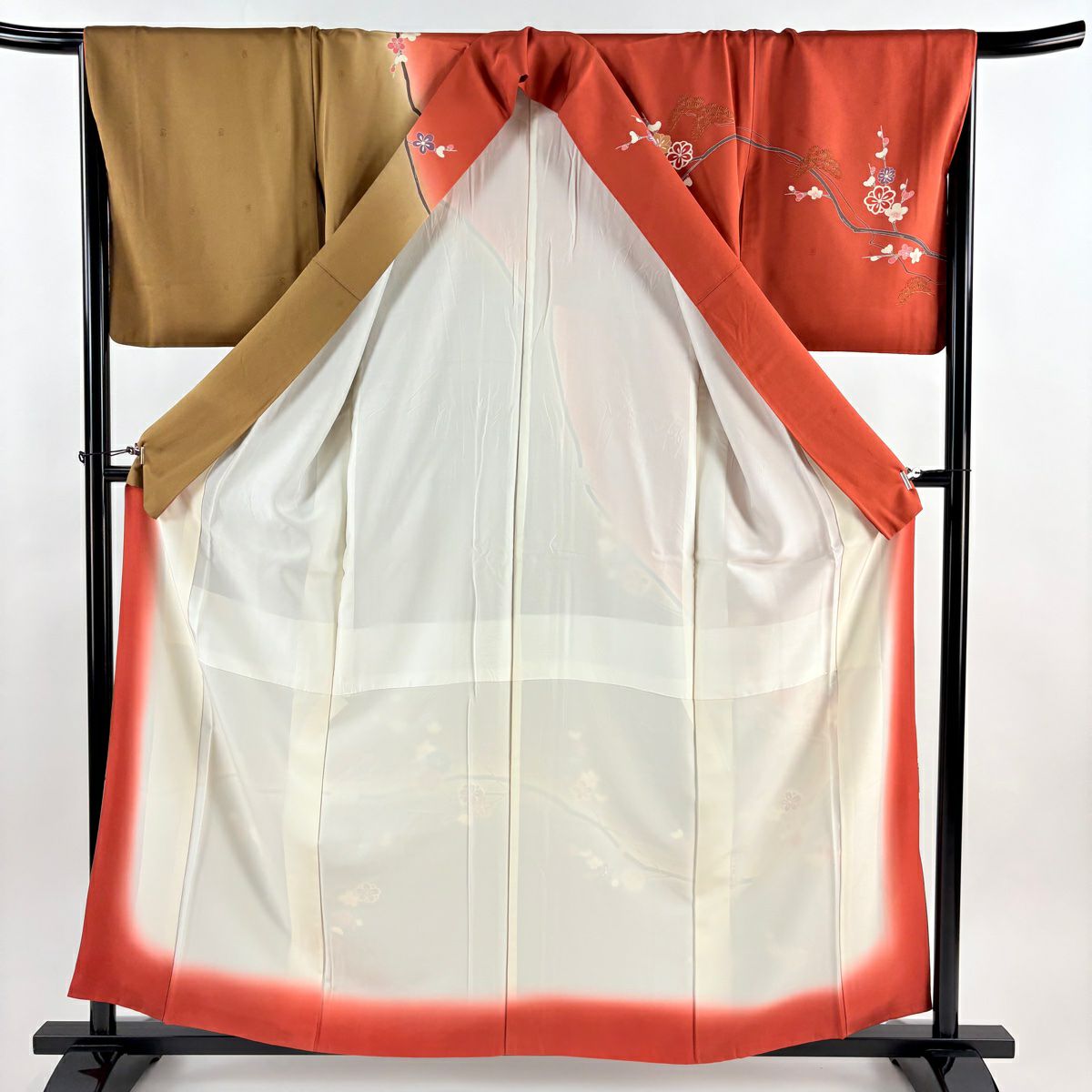訪問服 身長159cm 袖長67cm M 雙層 枝梅花 笠松樹 金銀彩 漸層 紅 純蠶絲 優品級