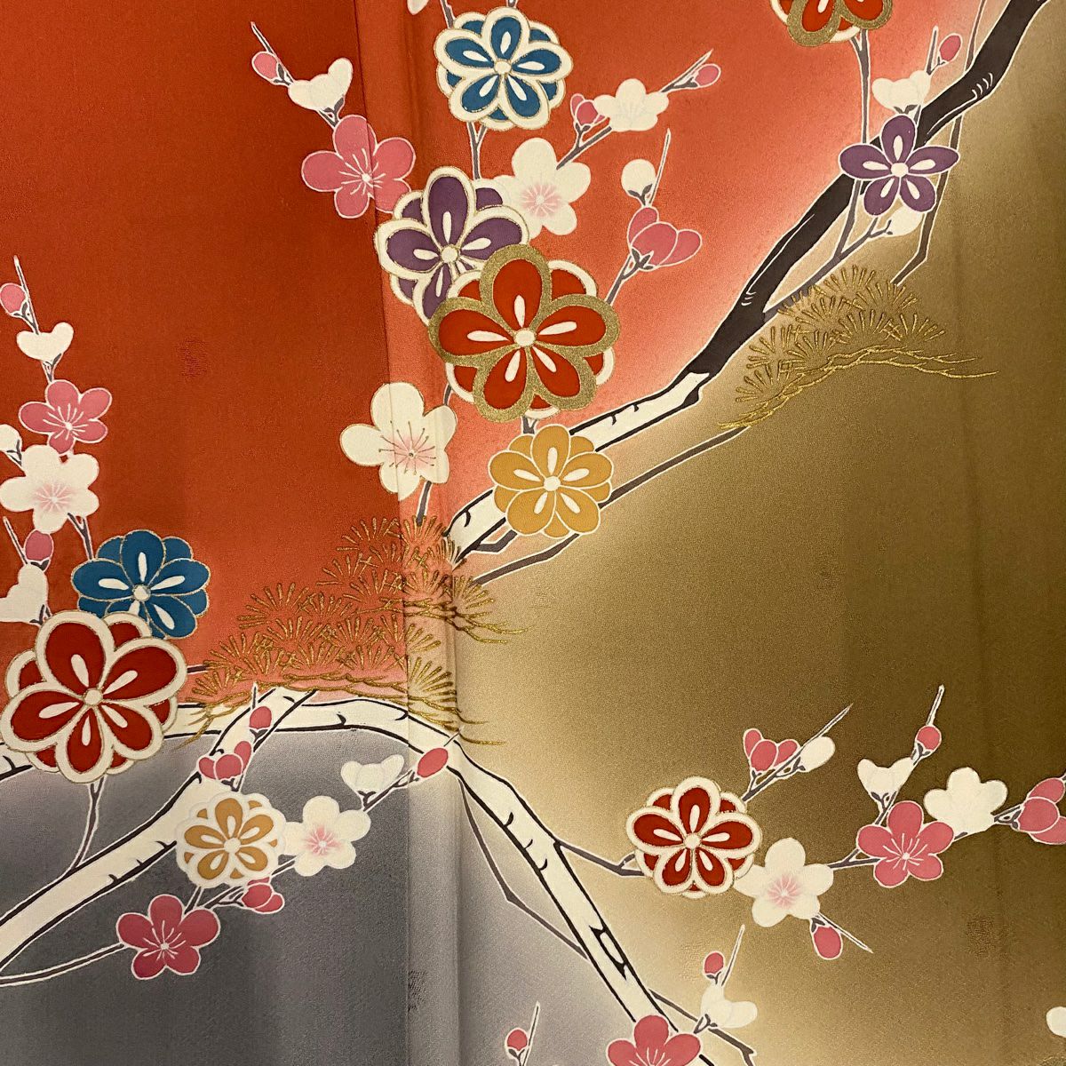 訪問服 身長159cm 袖長67cm M 雙層 枝梅花 笠松樹 金銀彩 漸層 紅 純蠶絲 優品級
