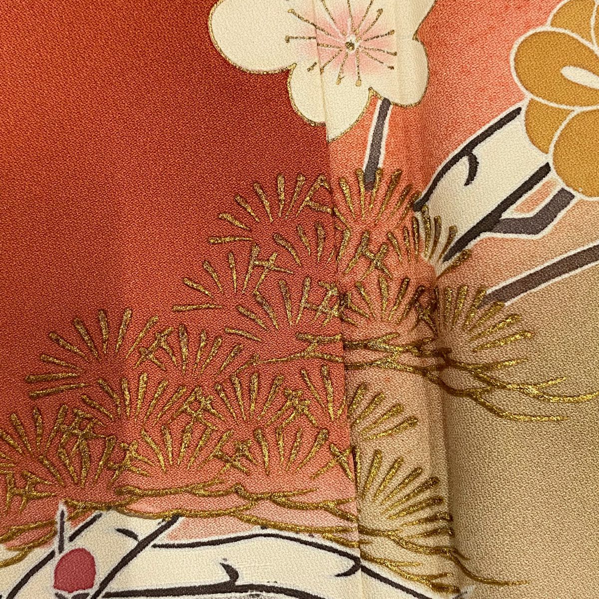 訪問服 身長159cm 袖長67cm M 雙層 枝梅花 笠松樹 金銀彩 漸層 紅 純蠶絲 優品級