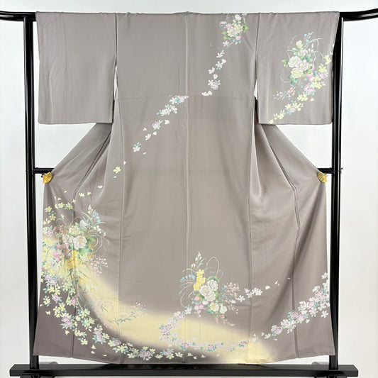 訪問服 身長157cm 袖長64cm M 雙層 草花紋紋 金彩裝飾 漸層 灰 純蠶絲 優品級