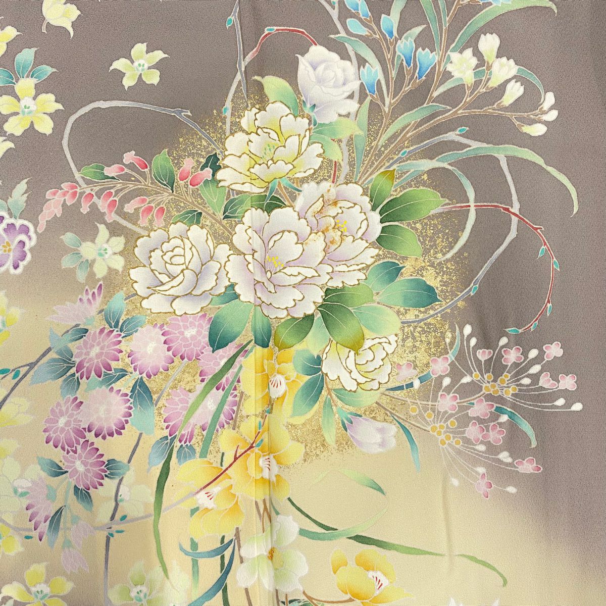 訪問服 身長157cm 袖長64cm M 雙層 草花紋紋 金彩裝飾 漸層 灰 純蠶絲 優品級