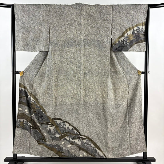 付下 身長154.5cm 袖長65cm M 雙層 風景 樹木 金彩裝飾 灰 純蠶絲 秀品級