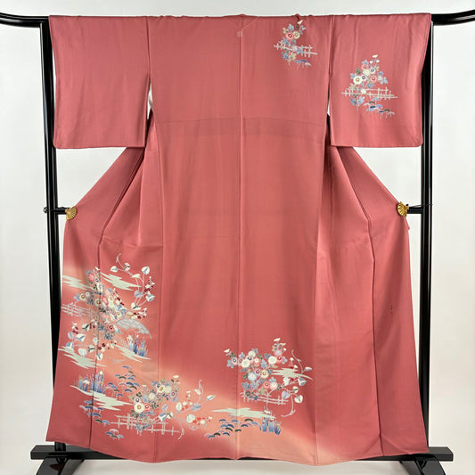 訪問服 身長158cm 袖長66cm M 雙層 景山 落款あり 草花紋紋 霞 漸層 小豆 純蠶絲 秀品級 一つ紋