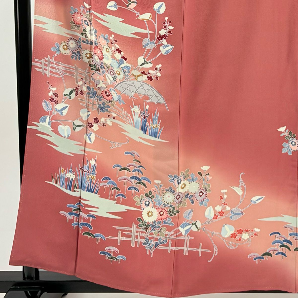 訪問服 身長158cm 袖長66cm M 雙層 景山 落款あり 草花紋紋 霞 漸層 小豆 純蠶絲 秀品級 一つ紋