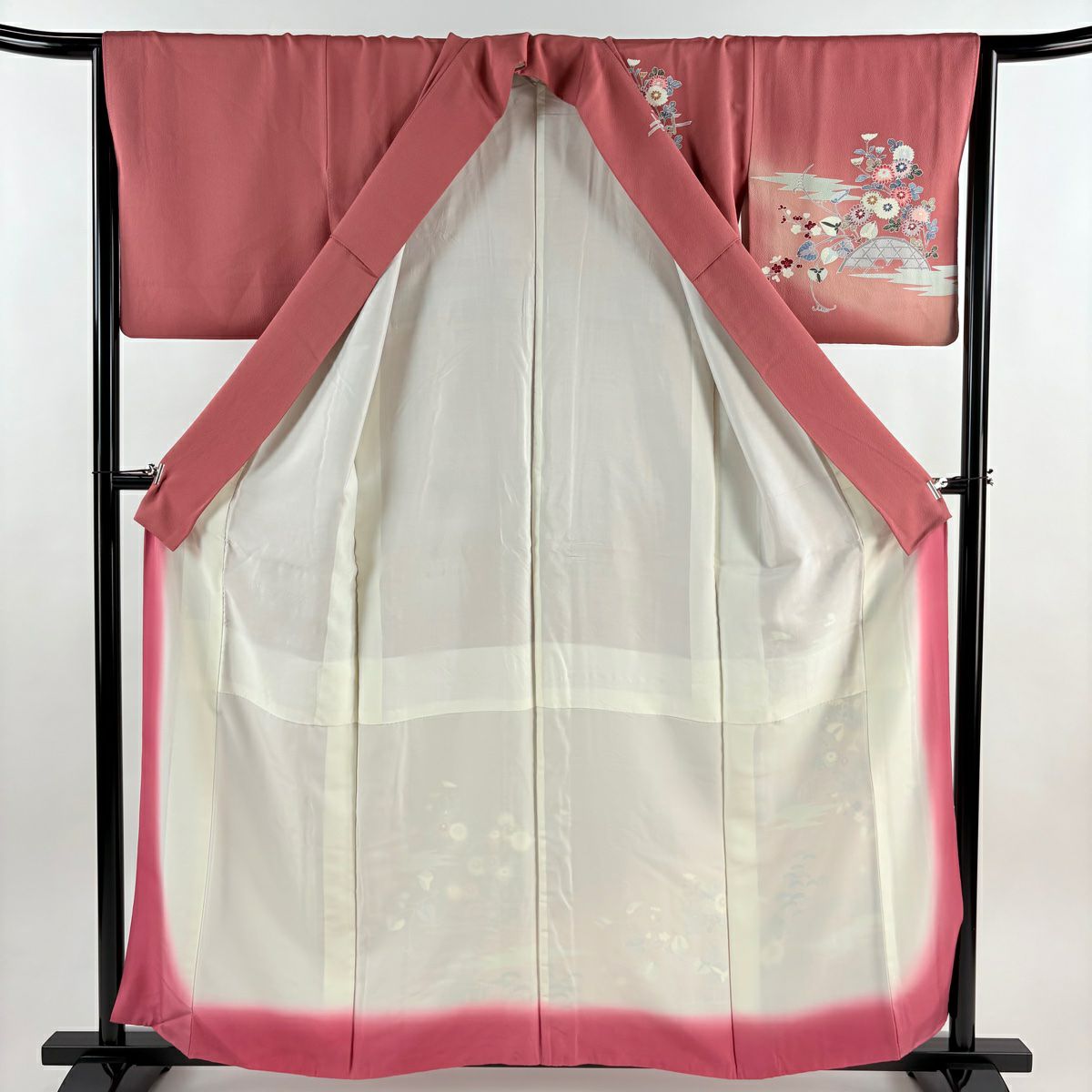 訪問服 身長158cm 袖長66cm M 雙層 景山 落款あり 草花紋紋 霞 漸層 小豆 純蠶絲 秀品級 一つ紋