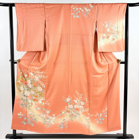 訪問服 身長154cm 袖長63cm S 雙層 牡丹 菊花 金彩裝飾 漸層 鮭粉色 純蠶絲 優品級
