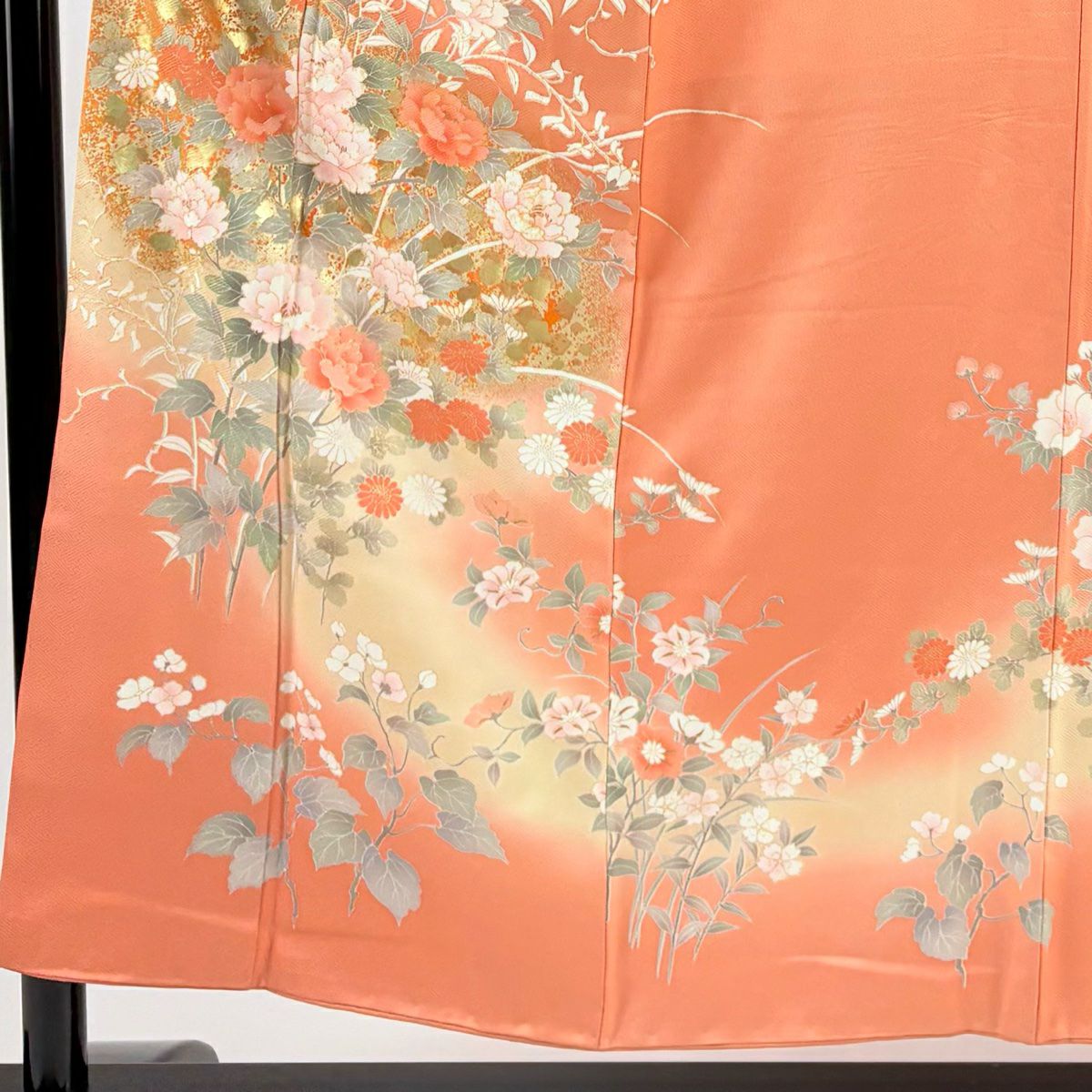 訪問服 身長154cm 袖長63cm S 雙層 牡丹 菊花 金彩裝飾 漸層 鮭粉色 純蠶絲 優品級