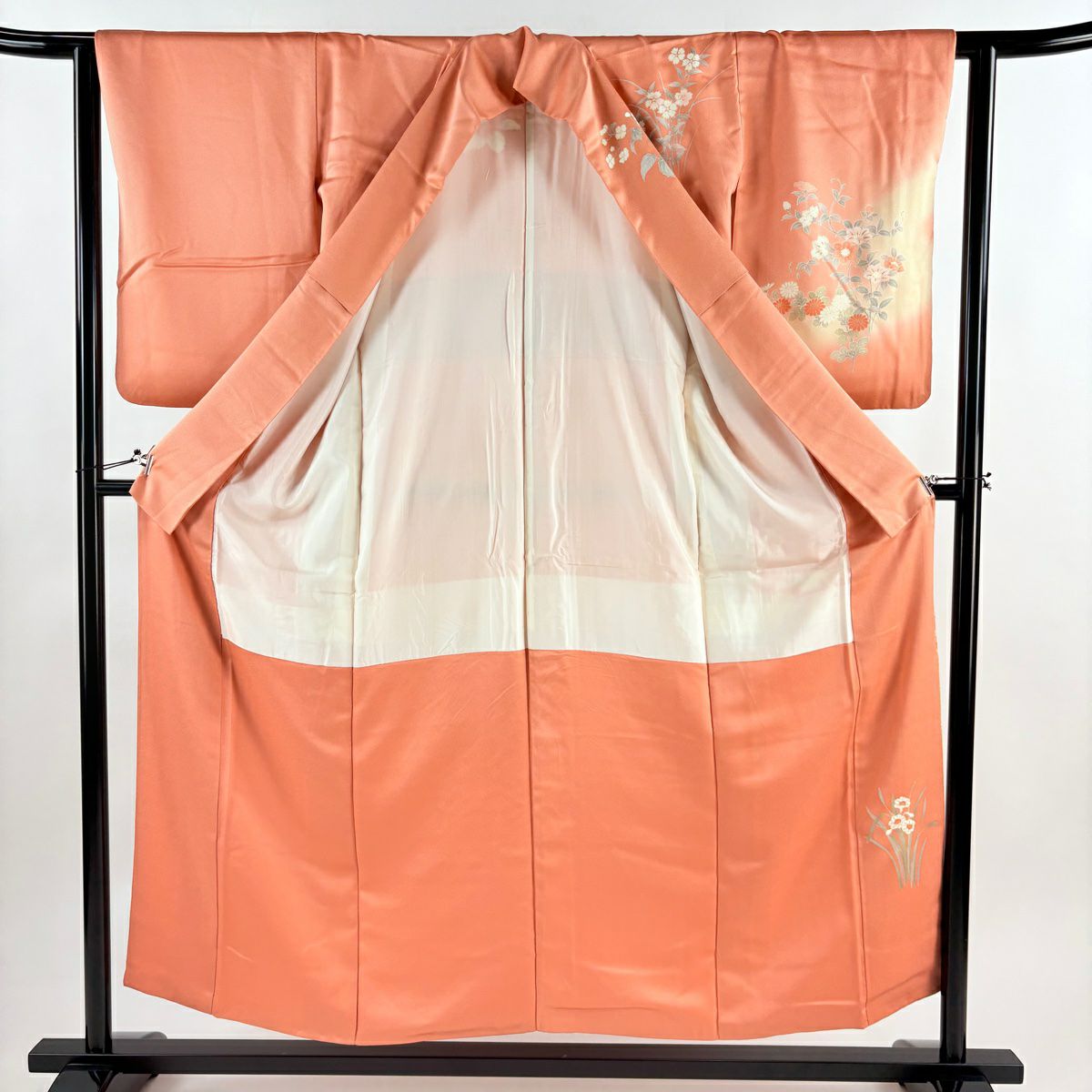 訪問服 身長154cm 袖長63cm S 雙層 牡丹 菊花 金彩裝飾 漸層 鮭粉色 純蠶絲 優品級