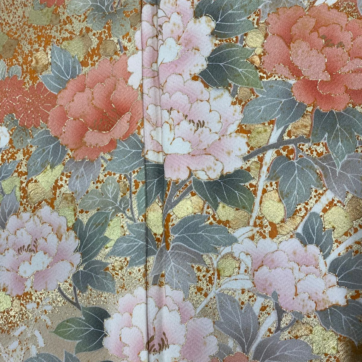 訪問服 身長154cm 袖長63cm S 雙層 牡丹 菊花 金彩裝飾 漸層 鮭粉色 純蠶絲 優品級
