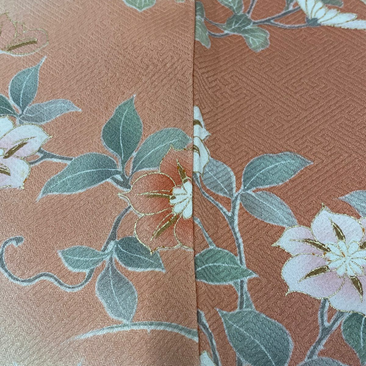 訪問服 身長154cm 袖長63cm S 雙層 牡丹 菊花 金彩裝飾 漸層 鮭粉色 純蠶絲 優品級