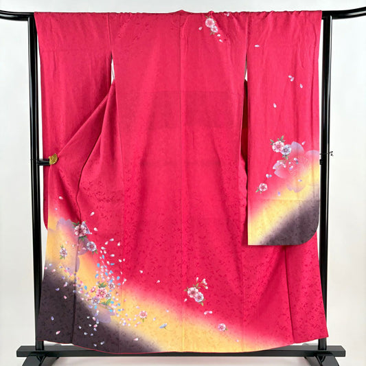 【美品】振袖禮服 身長156cm 袖長64cm M 雙層 櫻花花瓣 漸層 深粉色 純蠶絲 優品級