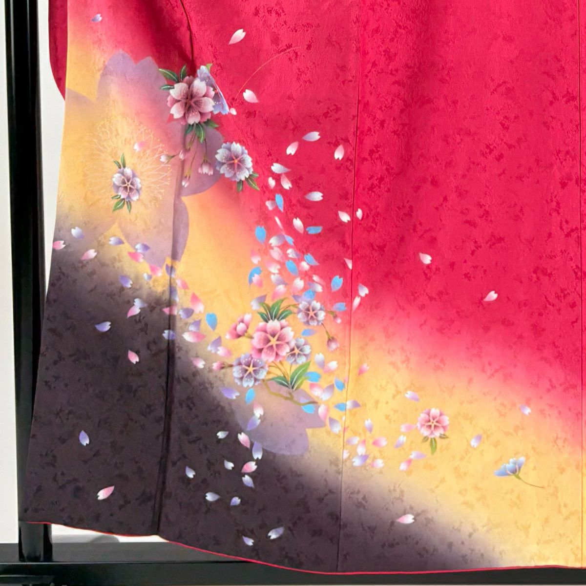 【美品】振袖禮服 身長156cm 袖長64cm M 雙層 櫻花花瓣 漸層 深粉色 純蠶絲 優品級