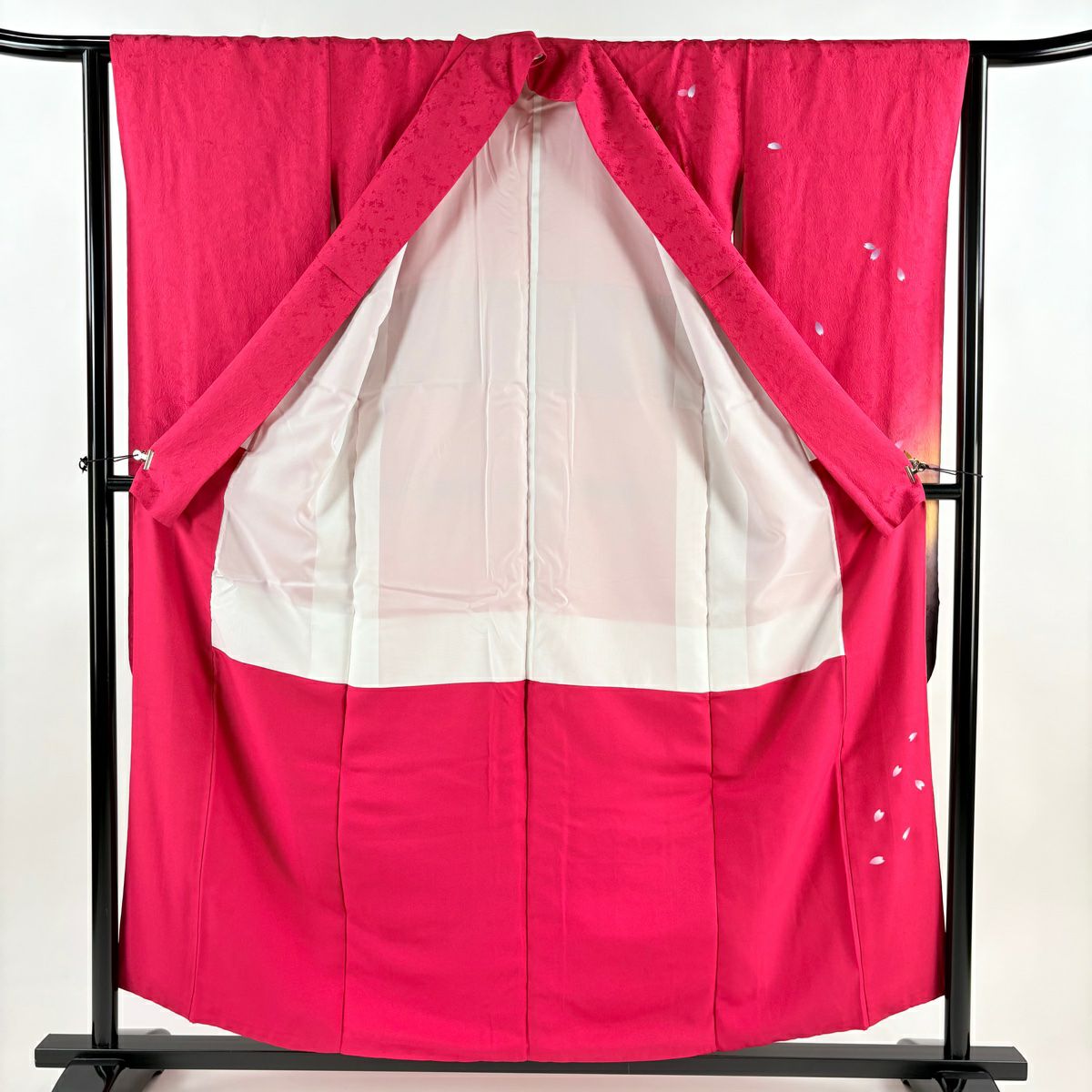 【美品】振袖禮服 身長156cm 袖長64cm M 雙層 櫻花花瓣 漸層 深粉色 純蠶絲 優品級