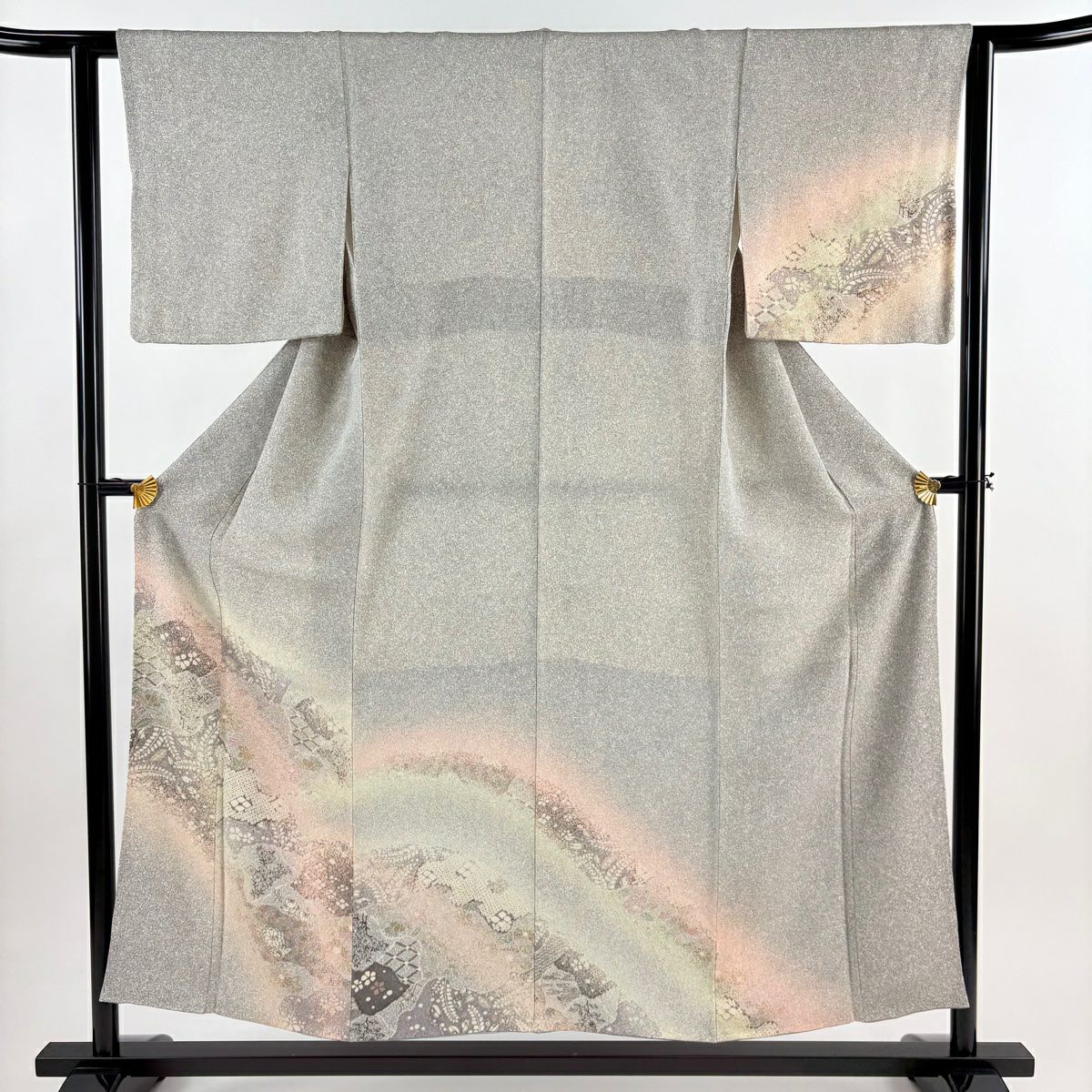 付下 身長154cm 袖長62.5cm S 雙層 草花紋紋 鹿子紋 絞緞 漸層 灰色 純蠶絲 優品級