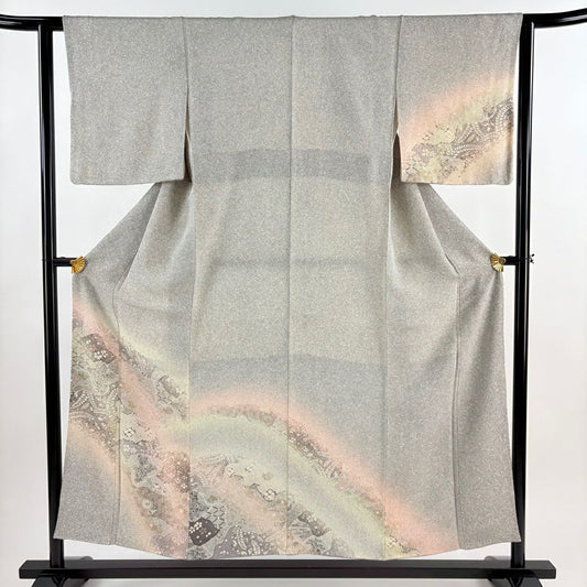 付下 身長154cm 袖長62.5cm S 雙層 草花紋紋 鹿子紋 絞緞 漸層 灰色 純蠶絲 優品級