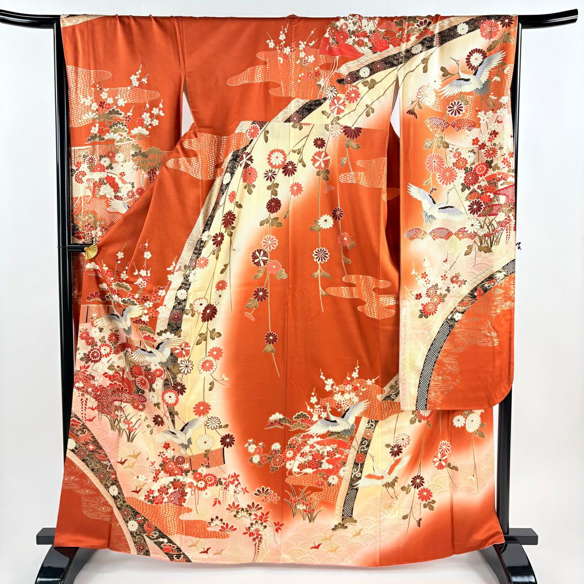 振袖禮服 身長165.5cm 袖長68cm L 雙層 仙鶴 檜扇子 金絲 金銀彩 朱 純蠶絲 秀品級