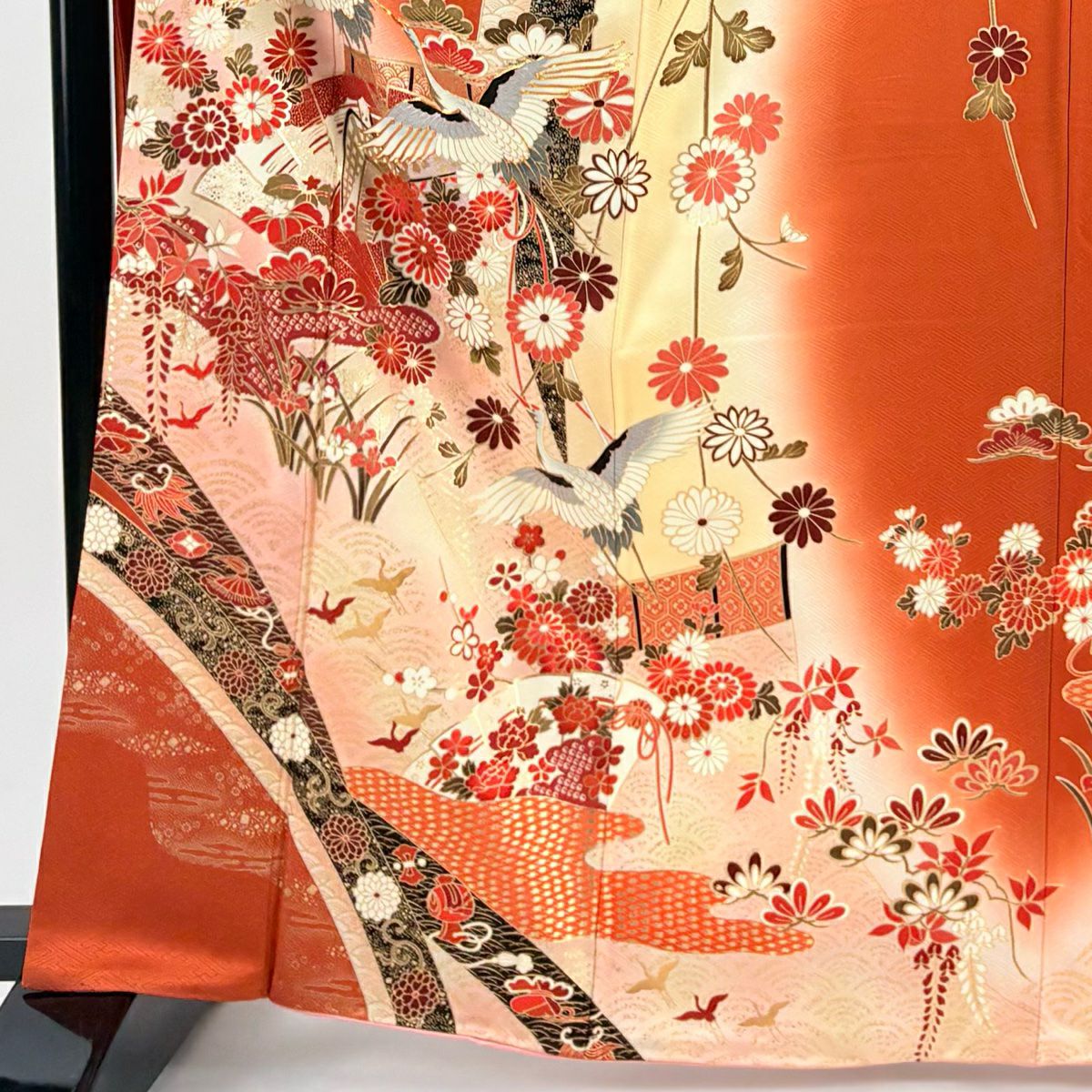 振袖禮服 身長165.5cm 袖長68cm L 雙層 仙鶴 檜扇子 金絲 金銀彩 朱 純蠶絲 秀品級