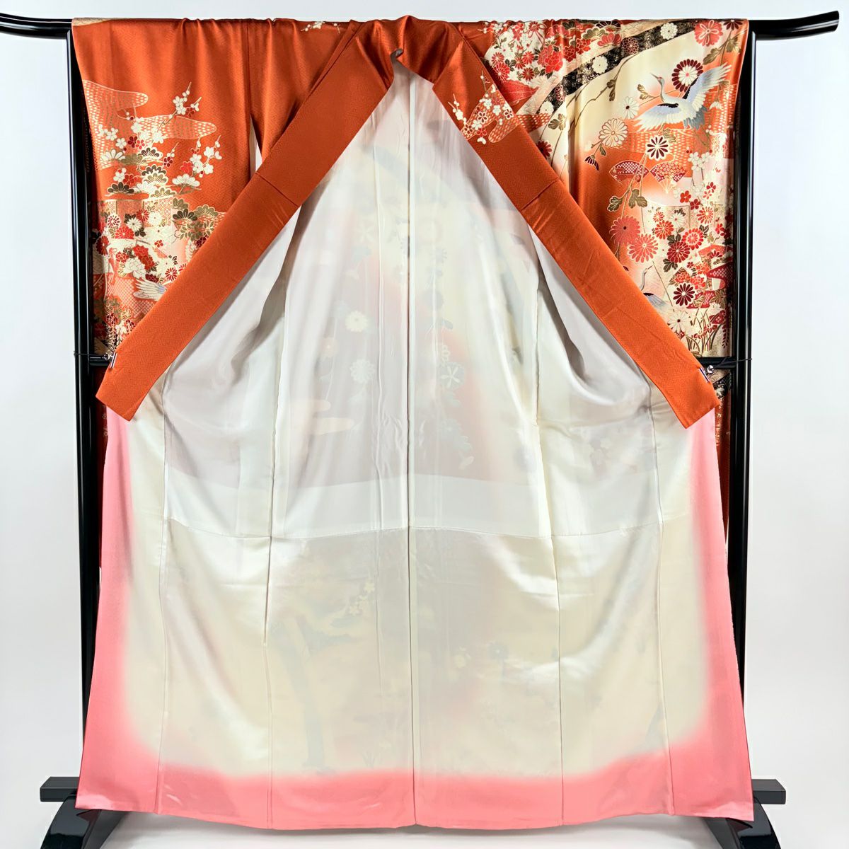 振袖禮服 身長165.5cm 袖長68cm L 雙層 仙鶴 檜扇子 金絲 金銀彩 朱 純蠶絲 秀品級