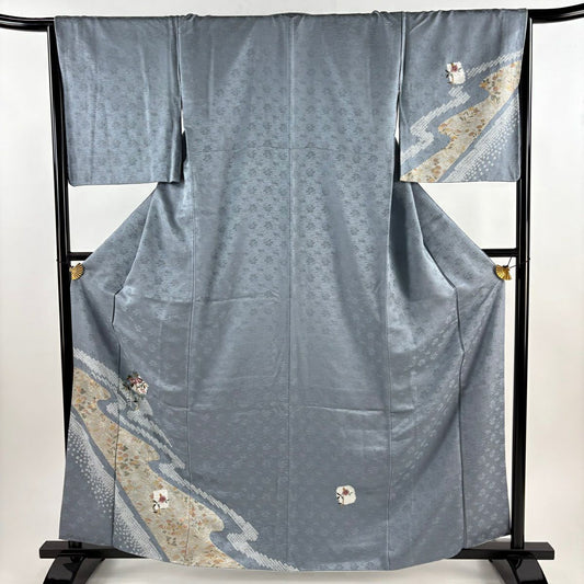 付下 身長162cm 袖長66cm M 雙層 草花紋紋 流水 絞染 刺繡 青灰 純蠶絲 秀品級