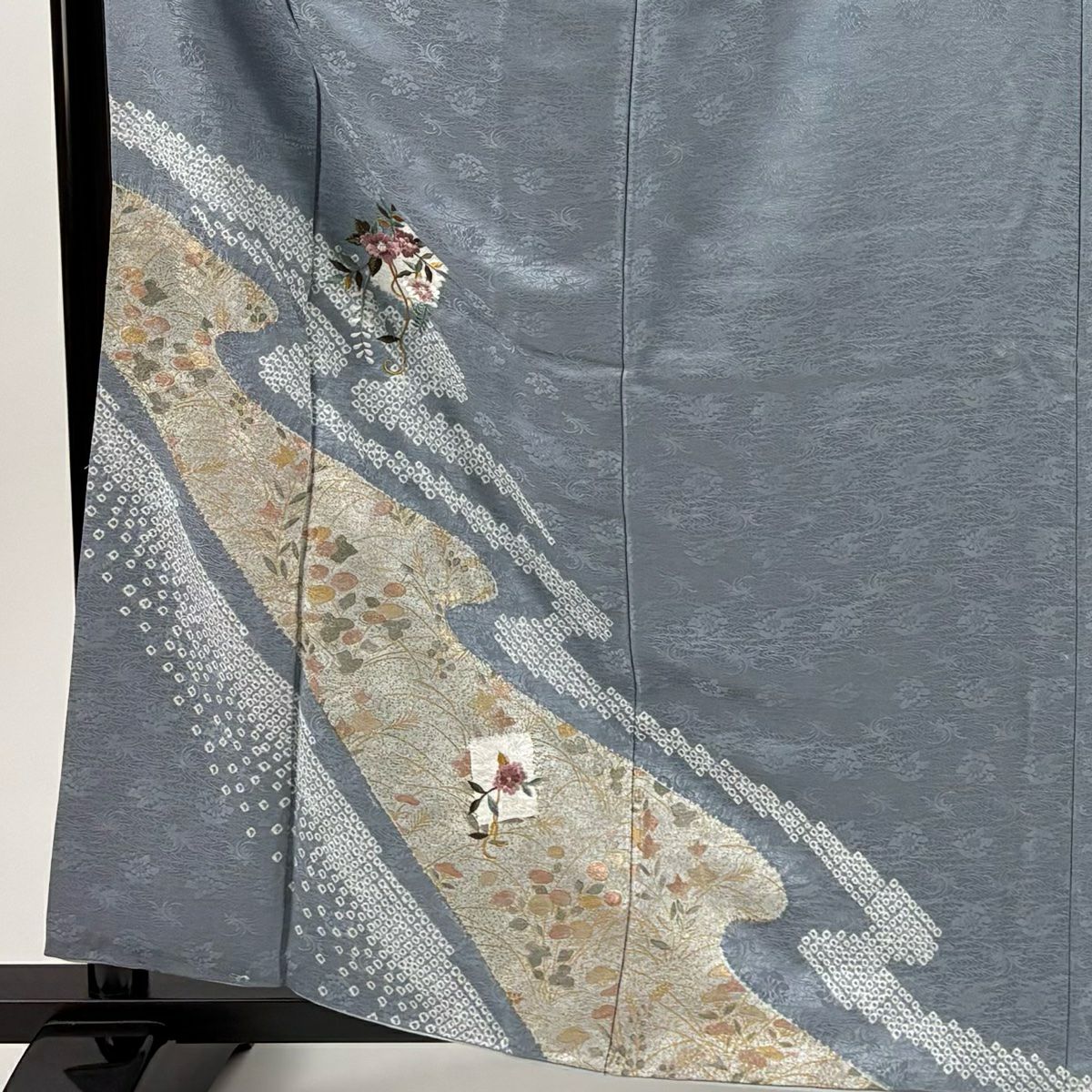 付下 身長162cm 袖長66cm M 雙層 草花紋紋 流水 絞染 刺繡 青灰 純蠶絲 秀品級