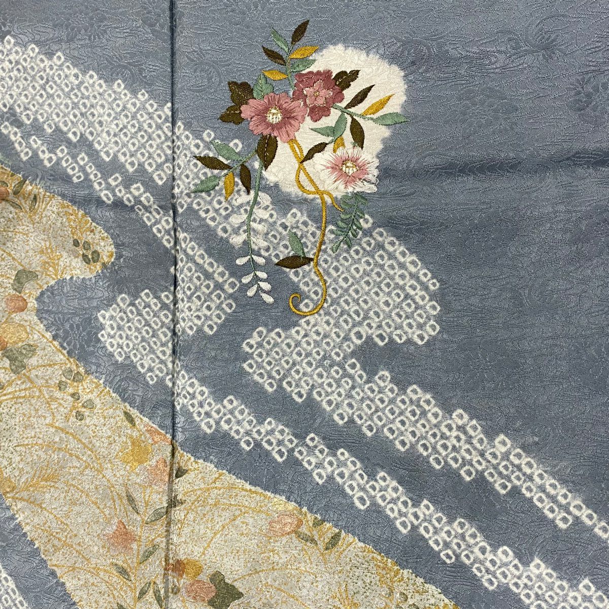付下 身長162cm 袖長66cm M 雙層 草花紋紋 流水 絞染 刺繡 青灰 純蠶絲 秀品級