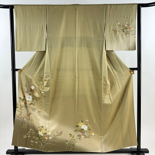 付下 身長156cm 袖長63.5cm S 雙層 扇子面 草花紋紋 金銀彩 漸層 米色 純蠶絲 優品級 一個紋