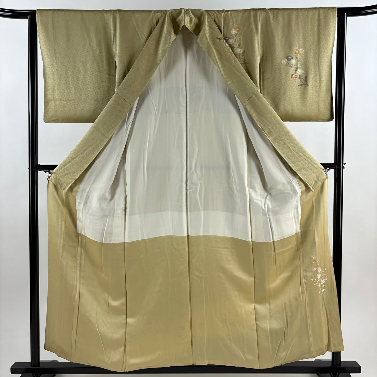 付下 身長156cm 袖長63.5cm S 雙層 扇子面 草花紋紋 金銀彩 漸層 米色 純蠶絲 優品級 一個紋
