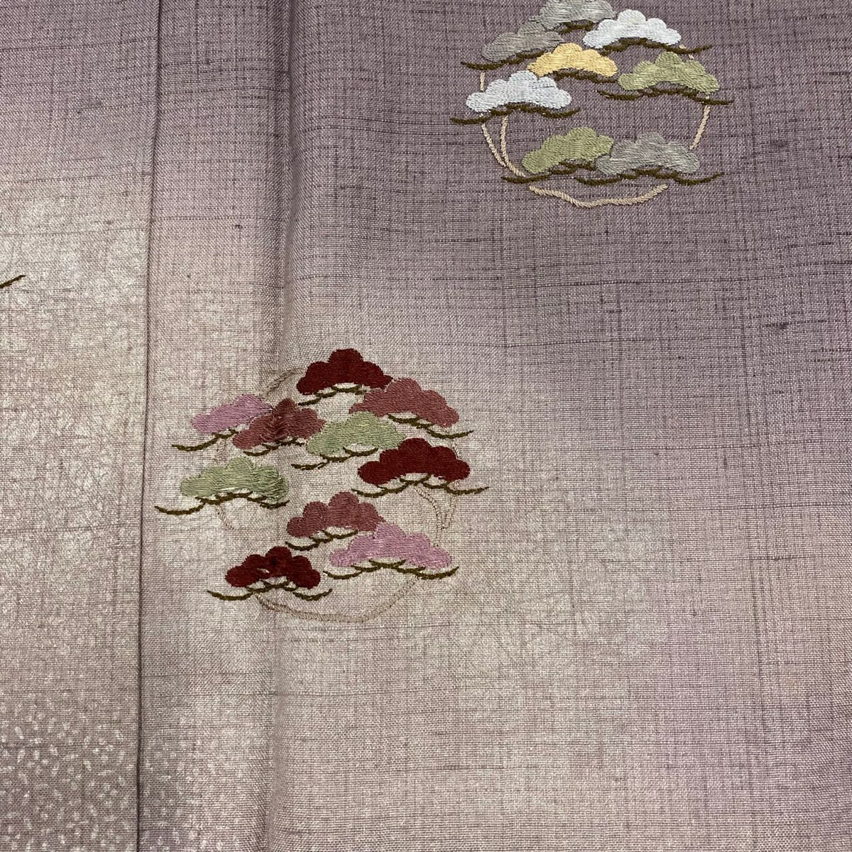 付下 身長151cm 袖長62cm S 雙層 紬織織 松樹 草花紋紋 刺繡 金銀彩 灰紫 純蠶絲 秀品級 一つ紋