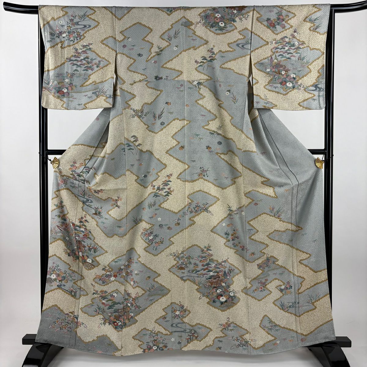 訪問服 身長161.5cm 袖長66.5cm M 雙層 松樹竹子梅花 流水 絞染 金彩裝飾 青灰 純蠶絲 秀品級