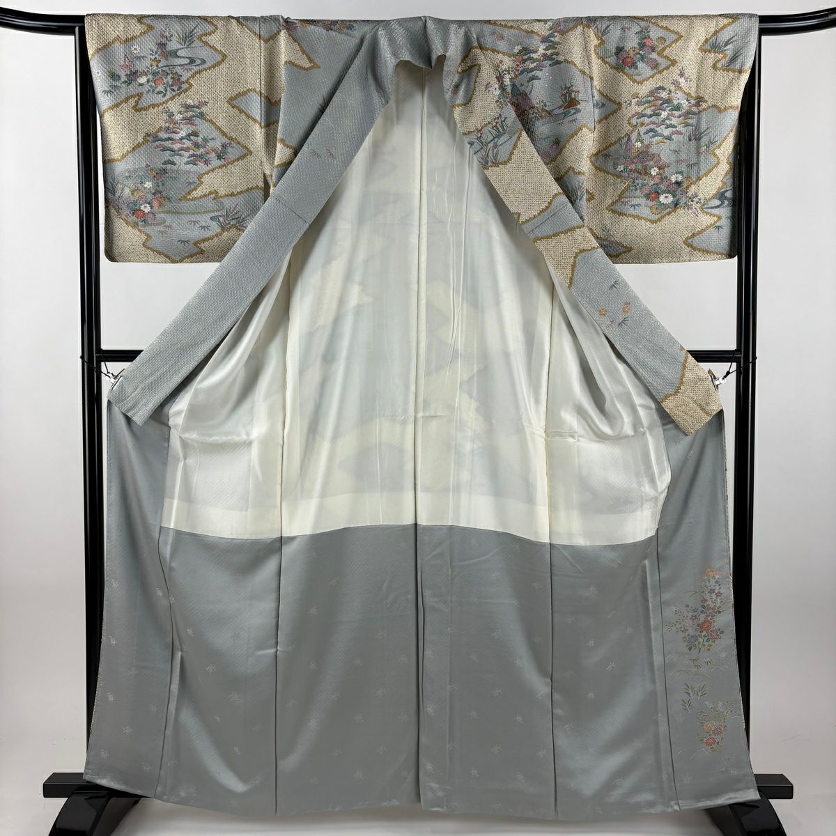 訪問服 身長161.5cm 袖長66.5cm M 雙層 松樹竹子梅花 流水 絞染 金彩裝飾 青灰 純蠶絲 秀品級