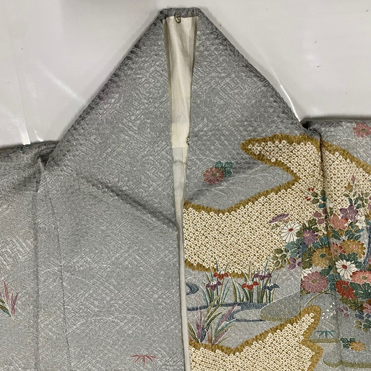 訪問服 身長161.5cm 袖長66.5cm M 雙層 松樹竹子梅花 流水 絞染 金彩裝飾 青灰 純蠶絲 秀品級