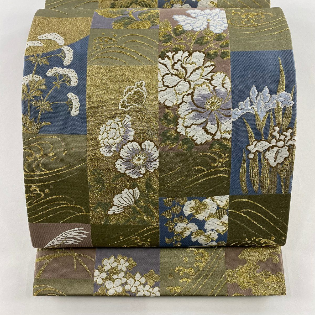 【美品】 袋帶 秀品級 草花紋紋 波 金絲 唐織 茶綠 六通 純蠶絲