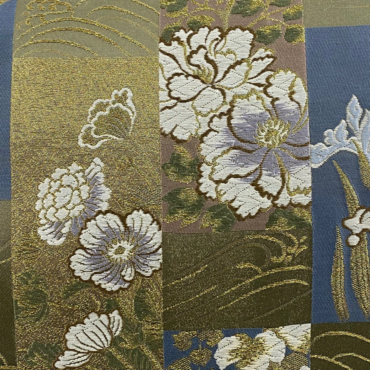 【美品】 袋帶 秀品級 草花紋紋 波 金絲 唐織 茶綠 六通 純蠶絲