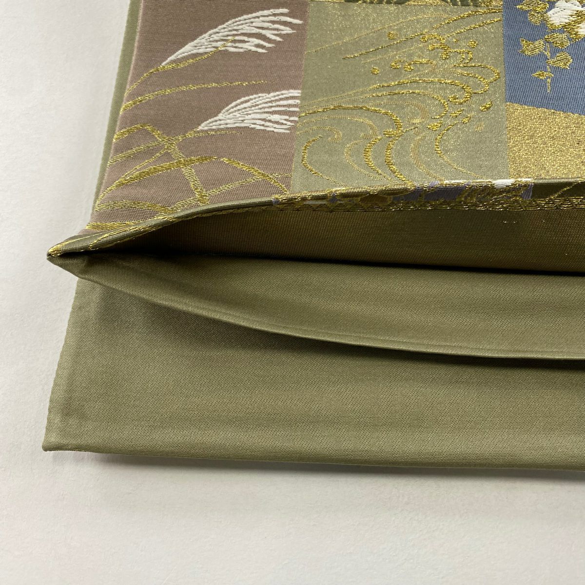 【美品】 袋帶 秀品級 草花紋紋 波 金絲 唐織 茶綠 六通 純蠶絲
