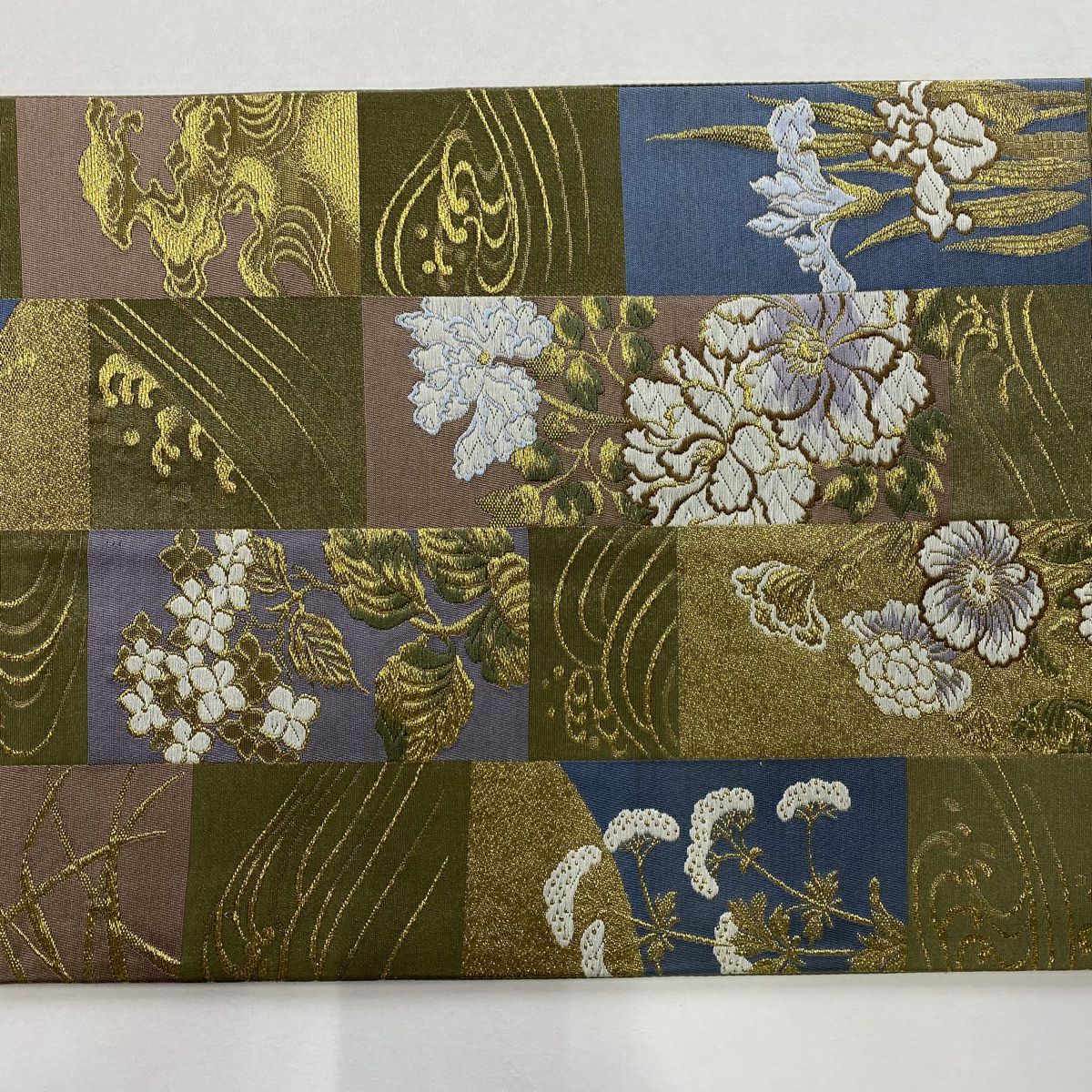 【美品】 袋帶 秀品級 草花紋紋 波 金絲 唐織 茶綠 六通 純蠶絲