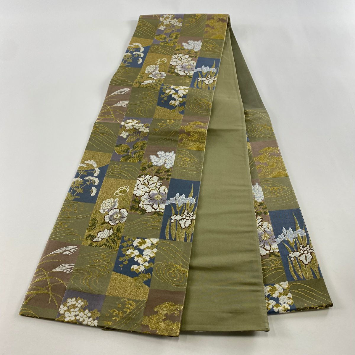 【美品】 袋帶 秀品級 草花紋紋 波 金絲 唐織 茶綠 六通 純蠶絲