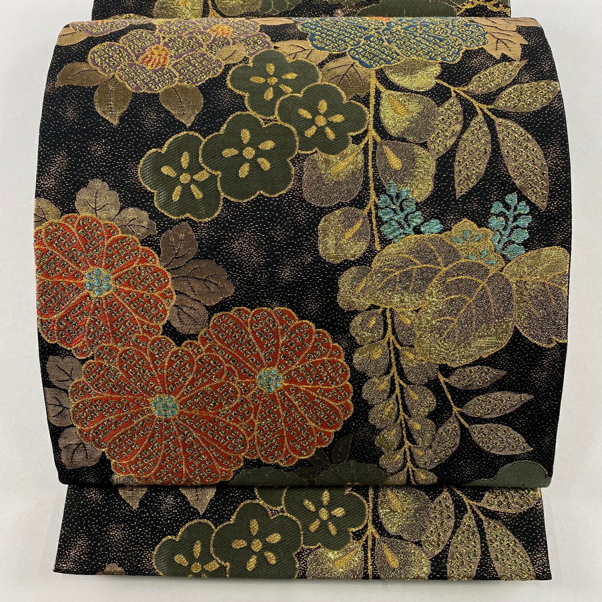 【美品】 袋帶 秀品級 牡丹 菊花 金糸 金金箔 黑 六通 純蠶絲