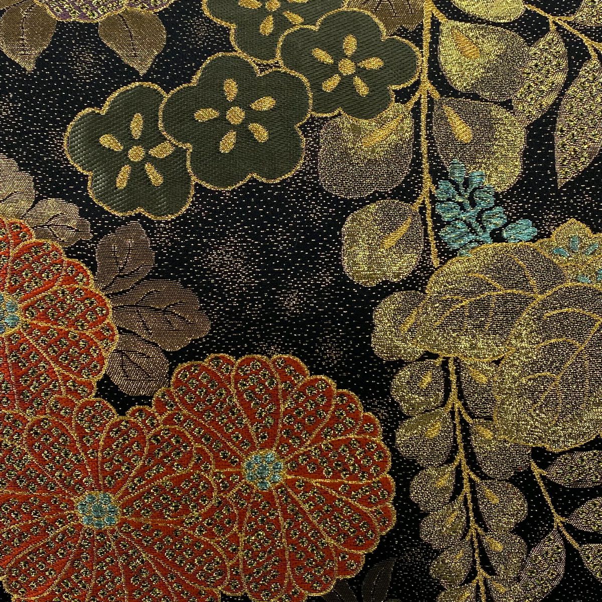 【美品】 袋帶 秀品級 牡丹 菊花 金糸 金金箔 黑 六通 純蠶絲