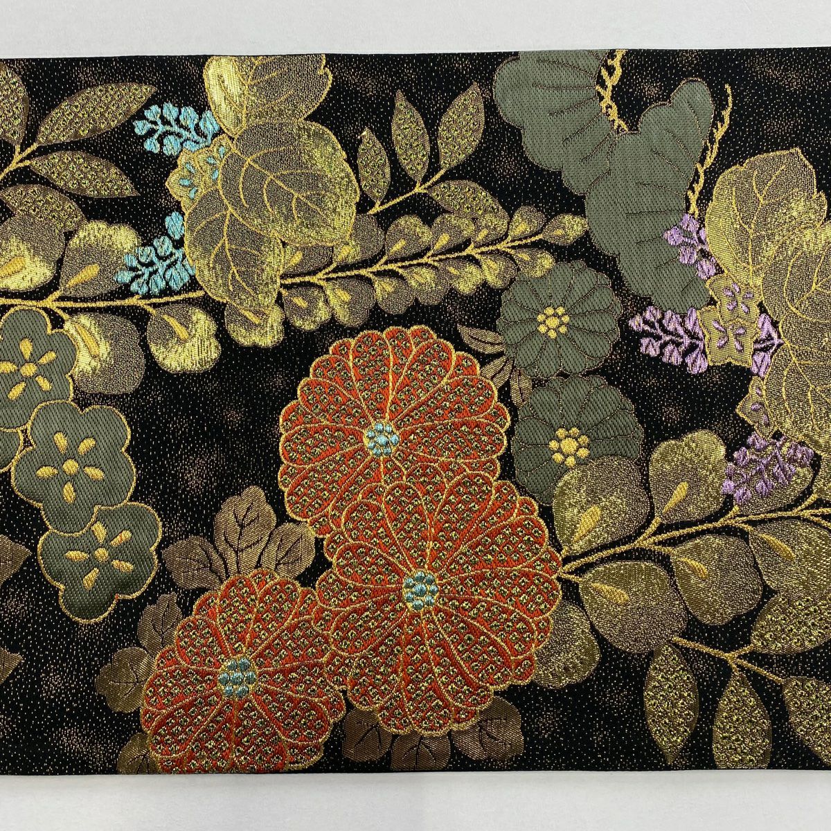 【美品】 袋帶 秀品級 牡丹 菊花 金糸 金金箔 黑 六通 純蠶絲