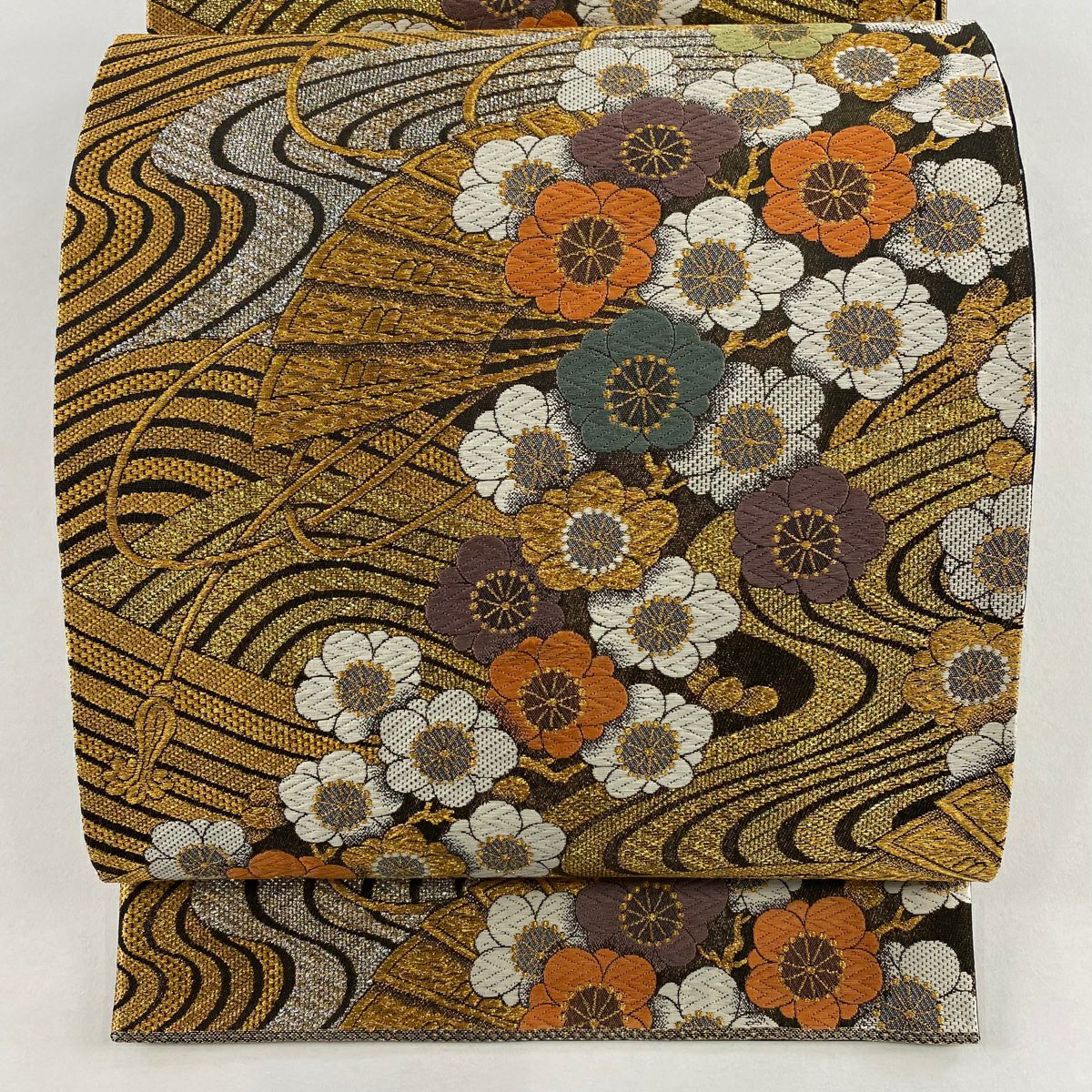 【美品】 袋帶 秀品級 梅花 桧扇子 金絲 金金箔 金色 六通 純蠶絲