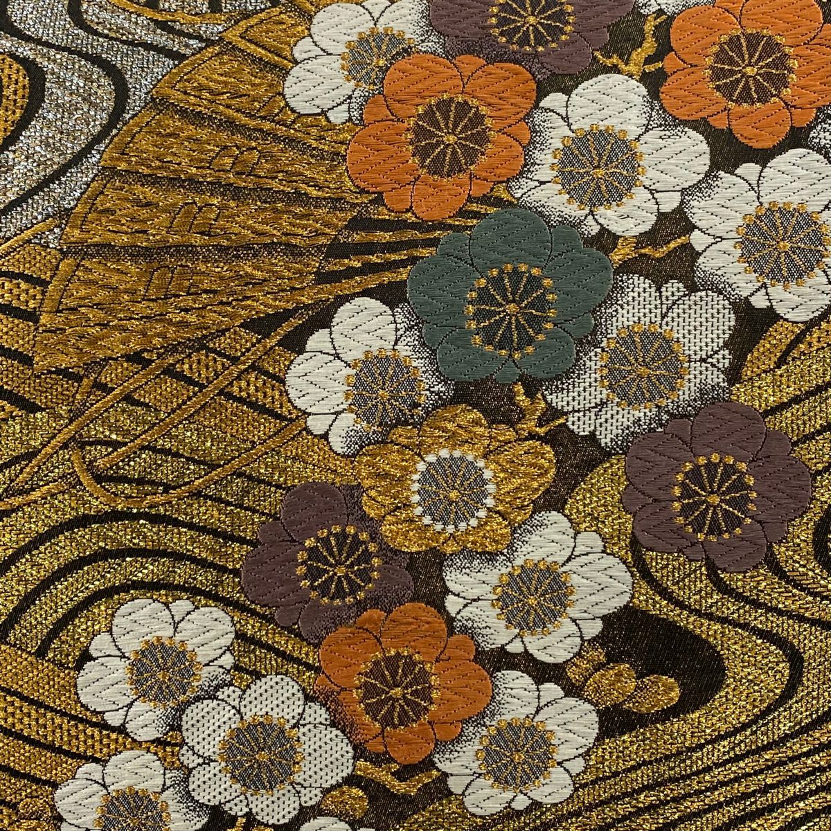 【美品】 袋帶 秀品級 梅花 桧扇子 金絲 金金箔 金色 六通 純蠶絲