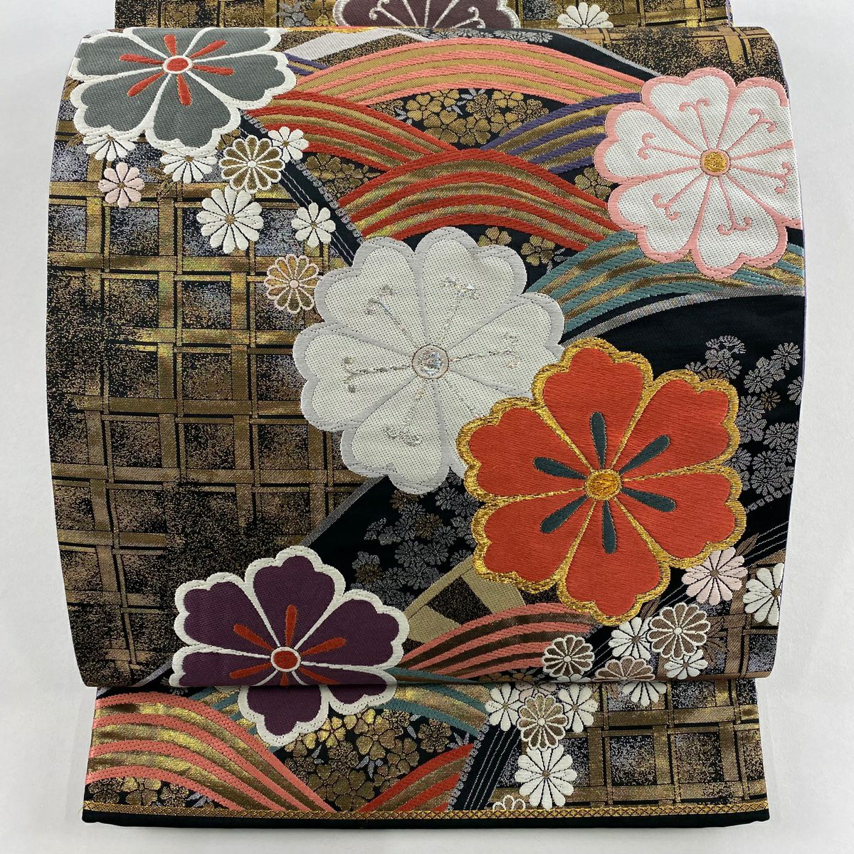【美品】 袋帶 秀品級 花紋 波 金銀線 金金箔 金色 六通 純蠶絲