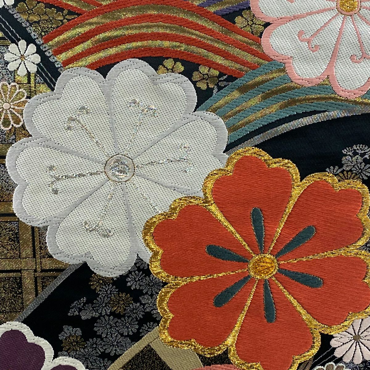 【美品】 袋帶 秀品級 花紋 波 金銀線 金金箔 金色 六通 純蠶絲