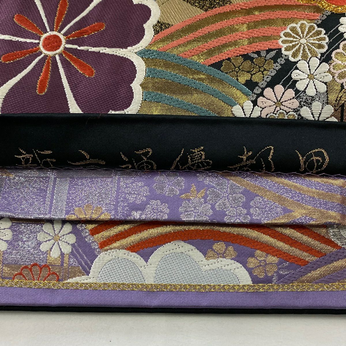 【美品】 袋帶 秀品級 花紋 波 金銀線 金金箔 金色 六通 純蠶絲